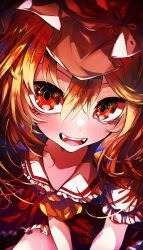 Rule 34 | 1girl, absurdres, ascot, blonde hair, cowboy shot, fangs, flandre scarlet, from above, harii (janib5kc), hat, highres, medium hair, mob cap, open mouth, red eyes, side ponytail, solo, touhou, yellow ascot