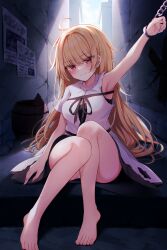 Rule 34 | 1girl, ahoge, alley, arm up, barefoot, black shirt, blonde hair, blush, breasts, chain, chained, closed mouth, commentary request, feet, highres, knees together feet apart, legs, long hair, looking at viewer, medium breasts, original, outdoors, panties, panty peek, red eyes, shirt, shirt under shirt, shishou (doragyurosu), short sleeves, sitting, solo, toenails, toes, underwear, white shirt