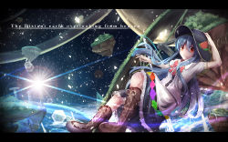 Rule 34 | 1girl, arch, backlighting, bad id, bad pixiv id, blue hair, blue skirt, boots, bow, chinomaron, cloud, earth (planet), english text, engrish text, floating, food, fruit, grass, hat, hinanawi tenshi, holding, holding clothes, holding hat, keystone, knee boots, lens flare, letterboxed, light particles, light rays, light trail, long hair, looking at viewer, moon, peach, pillar, planet, ranguage, red eyes, rope, shimenawa, short sleeves, skirt, smile, solo, space, sun, sunlight, touhou