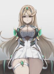 Rule 34 | 1girl, blonde hair, breasts, cleavage, cleavage cutout, clothing cutout, highres, large breasts, long hair, mythra (xenoblade), okazu2010015, panties, solo, underwear, very long hair, white panties, xenoblade chronicles (series), xenoblade chronicles 2, yellow eyes
