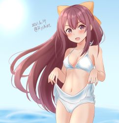 Rule 34 | 1girl, ame-san, bikini, bikini skirt, bow, breasts, brown eyes, brown hair, clothes lift, commentary request, cowboy shot, dated, hair bow, highres, kamikaze (kancolle), kantai collection, long hair, looking at viewer, skirt, skirt lift, small breasts, smile, solo, swimsuit, twitter username, white bikini, yellow bow