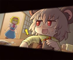 Rule 34 | 2girls, alice margatroid, animal ears, ascot, blonde hair, blue dress, blush, box, candy, capelet, cardboard box, chips (food), chocolate, chocolate bar, closed eyes, commentary request, cookie (touhou), counter, drddrddo, dress, eating, food, food on face, frilled dress, frilled hairband, frilled sash, frills, grey hair, grey vest, hair between eyes, hairband, holding, holding food, ichigo (cookie), indoors, long bangs, long sleeves, looking at another, mouse ears, mouse girl, multiple girls, nazrin, nyon (cookie), open mouth, pink ascot, pink hairband, pink sash, potato chips, red eyes, sash, shirt, short hair, shouji, sliding doors, smile, surprised, touhou, upper body, vest, white capelet, white shirt