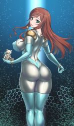 Rule 34 | 10s, 1girl, ass, backboob, beargguy f, bodysuit, bracelet, breasts, brown hair, cosplay, covered erect nipples, crossover, floating hair, from behind, g gundam, green eyes, gundam, gundam build fighters, gundam build fighters try, gunpla, hexagon, jewelry, kamiki mirai, large breasts, legs together, long hair, looking at viewer, looking back, mobile trace suit, model kit, parody, red hair, rindou (radical dream), sidelocks, smile, solo, sparkle, standing
