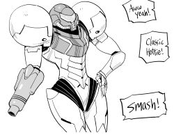 Rule 34 | 1girl, absurdres, arm cannon, armor, bb (baalbuddy), commentary, covered face, cowboy shot, cropped legs, english commentary, english text, greyscale, hand on own hip, helmet, highres, metroid, monochrome, nintendo, pauldrons, samus aran, shoulder armor, solo, standing, varia suit, weapon