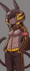Rule 34 | 1girl, :&lt;, animal ears, ankh, anubis-senpai, armband, bad id, bad tumblr id, black hair, breasts, casual, colored skin, dark-skinned female, dark skin, egyptian, female focus, frown, grey background, grey skin, hair ornament, hands in pockets, highres, jacket, long hair, matsuda yuusuke, original, perky breasts, red eyes, simple background, solo, standing, tail, track jacket, track suit, yuusha to maou
