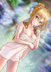 Rule 34 | 1girl, absurdres, akito ira, arm under breasts, asuna (sao), bare arms, bare shoulders, blonde hair, blurry, blurry background, blush, breasts, cleavage, closed mouth, collarbone, commentary request, cowboy shot, depth of field, dutch angle, hair between eyes, hair bun, hand in own hair, hand up, highres, holding, holding towel, large breasts, long hair, looking at viewer, naked towel, onsen, sidelocks, single hair bun, solo, standing, sword art online, thighs, towel, wavy mouth, wet, yellow eyes