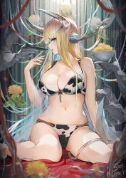 Rule 34 | 1girl, animal print, arm support, bikini, blonde hair, blue eyes, blurry, blurry foreground, bowl, breasts, cable, cleavage, collarbone, cow print, cyborg, dandelion, disembodied hand, eyebrows hidden by hair, feet out of frame, flower, green nails, hand up, highres, holding, holding bowl, holding pen, holding stylus, horns, iltusa, large breasts, light particles, long hair, looking at viewer, mechanical ears, midriff, nail polish, navel, open mouth, original, pen, profile, see-through, shawl, signature, sitting, stylus, swimsuit, very long hair, wariza, yellow flower