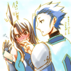 Rule 34 | 00s, 1boy, 1girl, ahoge, bad id, bad pixiv id, black hair, blue hair, blush, brown eyes, casey (tales), couple, food, hetero, long hair, lowres, miso1330, sandwich, tales of (series), tales of vesperia, translation request, white background, yeager (tales)