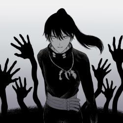 Rule 34 | 1boy, androgynous, black clover, black hair, greyscale, high collar, highres, imo aji18, jewelry, long hair, long sleeves, looking at viewer, monochrome, nacht faust, necklace, open mouth, ponytail, shadow, shadow hands, simple background, sketch, smile, solo, strap