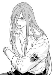 Rule 34 | 1boy, amputee, arm up, belt, blush, collarbone, collared shirt, embarrassed, from side, frown, glaring, greyscale, hair over one eye, highres, katekyo hitman reborn!, long hair, looking at viewer, loose clothes, loose shirt, male focus, monochrome, mra bong, pants, parted lips, shirt, simple background, sleeves rolled up, solo, superbi squalo, teeth, tsurime, upper body, white shirt