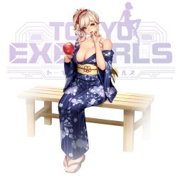 Rule 34 | 1girl, bad id, bad twitter id, bare shoulders, blonde hair, bow, breasts, brown eyes, candy apple, cleavage, collarbone, commentary, floral print, food, full body, gradient background, hair bow, holding, japanese clothes, kimono, lipstick, logo, long hair, looking at viewer, makeup, masami chie, medium breasts, obi, off shoulder, open mouth, original, sandals, sash, simple background, sitting, solo, tokyo exe girls