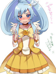 Rule 34 | 1girl, alternate hairstyle, blue eyes, blue hair, blush, choker, cosplay, cure peace, cure peace (cosplay), cure peace pose, double v, dress, embarrassed, eyelashes, hair ornament, happinesscharge precure!, hiuna hayami, hosshiwa, long hair, looking at viewer, magical girl, ponytail, precure, ribbon, simple background, skirt, smile precure!, solo, standing, translation request, v, white background, wrist cuffs, yellow dress, yellow skirt