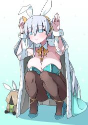 Rule 34 | 1girl, absurdres, akitokage, anastasia (fate), animal ears, blue cloak, blue eyes, blue footwear, blue leotard, blush, breasts, brown pantyhose, cleavage, cloak, detached collar, detached sleeves, doll, fake animal ears, fate/grand order, fate (series), fur trim, hair over one eye, hairband, hands up, high heels, highres, jewelry, large breasts, leotard, long hair, looking at viewer, necklace, pantyhose, playboy bunny, rabbit ears, rabbit pose, smile, squatting, very long hair, viy (fate), white hair, wrist cuffs