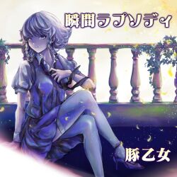 Rule 34 | 1girl, album cover, balcony, black footwear, black necktie, blue eyes, blue vest, braid, butaotome, check commentary, circle name, closed mouth, collared shirt, commentary, commentary request, cover, crossed legs, falling petals, game cg, grey hair, hand on own chest, high heels, izayoi sakuya, light frown, looking at viewer, maid, necktie, no headwear, official art, petals, plant, puffy short sleeves, puffy sleeves, ranko no ane, shirt, short hair, short sleeves, single wrist cuff, sitting, solo, thighhighs, touhou, touhou cannonball, twin braids, vest, vines, white shirt, white thighhighs, white wrist cuffs, wrist cuffs