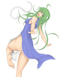 Rule 34 | 1girl, ahoge, alternate costume, ass, barefoot, breasts, censored, china dress, chinese clothes, convenient censoring, cookin, dress, feet, frog hair ornament, from behind, green eyes, green hair, hair ornament, highres, kochiya sanae, looking at viewer, matching hair/eyes, mishaguji, no panties, open mouth, outstretched arms, sideboob, snake, soles, solo, spread arms, standing, standing on one leg, toes, touhou