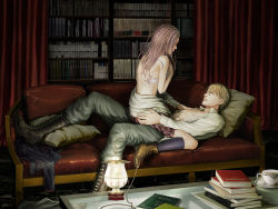 Rule 34 | 1boy, 1girl, abs, ass, blonde hair, book, bookshelf, boots, bra, brown upholstery, couch, couple, cowgirl position, cross-laced footwear, cup, girl on top, groping, hand on ass, hetero, k96, kneehighs, lace-up boots, lace-up footwear, lamp, lingerie, open clothes, open shirt, original, pillow, pink hair, plaid, plaid skirt, shelf, shirt, sitting, sitting on lap, sitting on person, skirt, socks, straddling, teacup, underwear, undressing