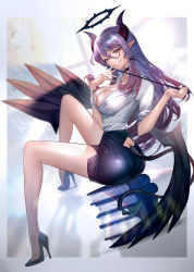 Rule 34 | 1girl, absurdres, backlighting, book, choker, clothing cutout, demon girl, dress, glasses, hair ornament, hairclip, halo, high heels, highres, hitowa, horns, indoors, long hair, looking at viewer, looking back, miniskirt, original, outside border, pencil dress, pencil skirt, pointy ears, red eyes, side slit, sitting, skirt, smile, solo, tail, tail through clothes, window, wings