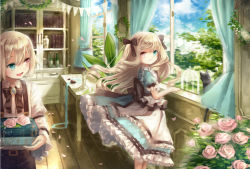 Rule 34 | 2girls, apron, bad id, bad pixiv id, belt, birdcage, black bow, blonde hair, blue dress, blue eyes, blush, book, book stack, bottle, bow, bowtie, brown pants, cabinet, cage, carrying, cat, chocolate, collared shirt, curtains, day, dress, flower, frilled apron, frills, hair bow, heart, heterochromia, indoors, jewelry, lamp, long hair, long sleeves, looking at another, multiple girls, open mouth, open window, original, pants, parted lips, pendant, petals, pink flower, pink rose, plant, potted plant, puffy short sleeves, puffy sleeves, red eyes, ribbon-trimmed dress, rose, shirt, short hair, short sleeves, standing, suspenders, table, white shirt, window, wing collar, wooden floor, yumeichigo alice