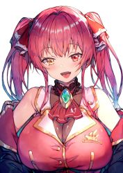 Rule 34 | 1girl, :d, breasts, cleavage, fang, hair ribbon, heterochromia, hololive, houshou marine, large breasts, long hair, looking at viewer, open mouth, red eyes, red hair, red neckwear, red ribbon, redcomet, ribbon, see-through, see-through cleavage, simple background, skin fang, smile, solo, twintails, upper body, virtual youtuber, white background, yellow eyes
