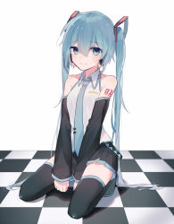 Rule 34 | 1girl, :3, aqua eyes, aqua hair, aqua necktie, arms between legs, bad id, bad pixiv id, bare shoulders, black skirt, boots, breasts, checkered floor, closed mouth, collared shirt, detached sleeves, frilled shirt, frilled shirt collar, frills, hair between eyes, hatsune miku, headphones, kneeling, long hair, looking at viewer, miniskirt, necktie, pleated skirt, shirt, skirt, sleeveless, sleeveless shirt, small breasts, solo, sparkle, sudale, tattoo, thigh boots, thighhighs, twintails, v arms, very long hair, vocaloid, white background, white shirt, zettai ryouiki