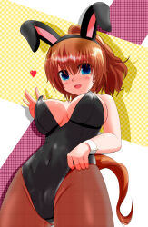 Rule 34 | 1girl, animal ears, bare shoulders, black leotard, black pantyhose, blue eyes, breasts, brown hair, cleavage, commentary request, covered navel, ear covers, fake animal ears, gluteal fold, highleg, highres, horse ears, horse girl, horse tail, large breasts, leotard, medium hair, multicolored background, pantyhose, ponytail, smile, solo, strapless, strapless leotard, taiki shuttle (umamusume), tail, tkka, umamusume, underboob, wrist cuffs