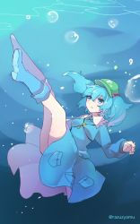 Rule 34 | 1girl, air bubble, backpack, bag, blue eyes, blue footwear, blue hair, blue jacket, blue skirt, boots, breasts, bubble, commentary request, flat cap, green hat, hair bobbles, hair ornament, hat, highres, jacket, jewelry, kawashiro nitori, key, key necklace, knee boots, long sleeves, medium hair, necklace, one-hour drawing challenge, parted lips, pocket, razuzyamu, rubber boots, short twintails, skirt, skirt set, small breasts, solo, touhou, twintails, two side up, underwater