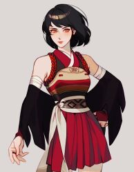 Rule 34 | 1girl, bare shoulders, black hair, brown eyes, commentary, detached sleeves, english commentary, eva smith, grey background, highres, japanese clothes, looking at viewer, original, pleated skirt, red skirt, sash, short hair, simple background, skirt, solo, standing