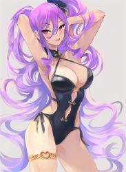 Rule 34 | 1girl, absurdres, armpits, arms behind head, arms up, bare shoulders, black one-piece swimsuit, breasts, cleavage, earrings, fate/grand order, fate (series), hair between eyes, hair ornament, hair scrunchie, highleg, highleg swimsuit, highres, jewelry, large breasts, long hair, looking at viewer, muneomon (takomon), navel, one-piece swimsuit, presenting armpit, purple eyes, purple hair, scrunchie, side ponytail, sidelocks, simple background, smile, solo, swimsuit, thighlet, thighs, tongue, tongue out, very long hair, wrist scrunchie, wu zetian (fate), wu zetian (swimsuit caster) (fate), wu zetian (swimsuit caster) (first ascension) (fate)