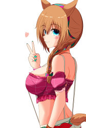 Rule 34 | 1girl, animal ears, aqua nails, bare shoulders, belt, blue eyes, blush, breasts, clothing cutout, collarbone, commentary request, crop top, from side, hair between eyes, hair ornament, headband, heart, highres, horse ears, horse girl, jewelry, large breasts, looking at viewer, necklace, official alternate costume, official alternate hairstyle, plaid, simple background, smile, solo, taiki shuttle (bubblegum memories) (umamusume), taiki shuttle (umamusume), tail, tail through clothes, tkka, umamusume, v, white background
