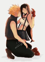 Rule 34 | 1boy, 1girl, ainaa, bare arms, black hair, black skirt, blonde hair, blue eyes, blush, boots, breasts, brown footwear, cloud strife, couple, crop top, earrings, eye contact, final fantasy, final fantasy vii, final fantasy vii remake, fingerless gloves, full body, gloves, hand on another&#039;s back, hand up, highres, jewelry, long hair, looking at another, looking at viewer, low-tied long hair, medium breasts, midriff, navel, parted lips, red eyes, red footwear, red gloves, seiza, sitting, skirt, sleeveless, sleeveless turtleneck, spiked hair, square enix, suspender skirt, suspenders, sweater, tank top, tifa lockhart, turtleneck, turtleneck sweater, white tank top