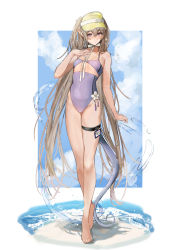 Rule 34 | 1girl, absurdres, arknights, barefoot, blush, breasts, brown hair, full body, highres, id card, indigo (arknights), long hair, maria (syake-uni), one-piece swimsuit, pointy ears, purple eyes, solo, swimsuit, thigh strap, very long hair, visor cap