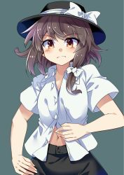 Rule 34 | &gt;:(, 1girl, black hair, black hat, black skirt, blush, bow, breasts, brown eyes, closed mouth, cowboy shot, dress shirt, e.o., frown, hair bow, hat, hat bow, highres, looking at viewer, midriff peek, navel, shirt, short sleeves, skirt, small breasts, solo, touhou, unbuttoned, unbuttoned shirt, usami renko, v-shaped eyebrows, white bow