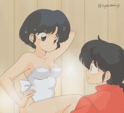Rule 34 | 1boy, 1girl, arm behind head, breasts, cleavage, cyocomi4, expressionless, hand on own hip, one-piece swimsuit, open mouth, ranma 1/2, saotome ranma, short hair, swimsuit, tendou akane, thighs, wet