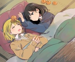 Rule 34 | 2girls, bad id, bad pixiv id, beige sweater, black eyes, black hair, blonde hair, blue sweater, closed eyes, commentary request, drooling, food, food on head, fruit, highres, holding, holding food, holding fruit, kotatsu, long sleeves, looking at another, lying, mandarin orange, multiple girls, musshu (omu001), object on head, on back, on side, original, pillow, sleeping, sweater, table, under kotatsu, under table