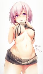 Rule 34 | 1girl, backless dress, backless outfit, bare shoulders, black dress, black sweater, blush, breasts, cowboy shot, dated, drawstring, dress, eyes visible through hair, fate/grand order, fate (series), finger to mouth, groin, halterneck, hand on own chest, highres, index finger raised, large breasts, legs apart, looking at viewer, mash kyrielight, meme attire, midriff, naked sweater, navel, no bra, parted lips, purple eyes, purple hair, ribbed sweater, rods, short hair, signature, simple background, sleeveless, sleeveless turtleneck, solo, stomach, sweater, sweater dress, turtleneck, turtleneck sweater, virgin killer sweater, wardrobe error, white background