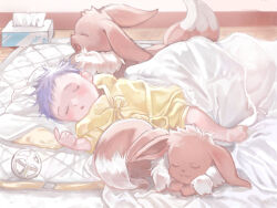 baby bed_sheet blue_hair brown_fur closed_eyes creatures_(company) eevee futon game_freak gen_1_pokemon izumi_(2476264) lying nintendo on_back open_mouth pajamas pokemon pokemon_(creature) short_hair sleeping tissue tissue_box two-tone_fur yawning yellow_pajamas