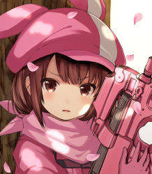Rule 34 | 1girl, against tree, animal ears, animal hat, brown eyes, brown hair, bullpup, catbell, cherry blossoms, fake animal ears, gloves, gun, hat, highres, holding, holding gun, holding weapon, llenn (sao), looking at viewer, military, military uniform, open mouth, p90, personal defense weapon, pink gloves, pink hat, pink scarf, scarf, short hair, solo, submachine gun, sword art online, sword art online alternative: gun gale online, tree, uniform, upper body, weapon, white background
