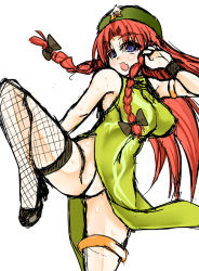 Rule 34 | 1girl, alternate costume, bare shoulders, beret, blue eyes, bow, braid, breasts, chinese clothes, female focus, fighting stance, fishnets, hair bow, hat, hong meiling, kicking, large breasts, leg lift, leg up, legs, long hair, long legs, mabuchoco m, md5 mismatch, open mouth, red hair, resolution mismatch, side slit, simple background, sketch, sleeveless, solo, source smaller, sweat, thighhighs, thighs, touhou, twin braids, very long hair, white background