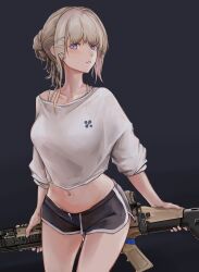 Rule 34 | 1girl, absurdres, assault rifle, blonde hair, blue eyes, breasts, crop top, dolphin shorts, fn scar 16, girls&#039; frontline, gun, hair bun, highres, holding, holding gun, holding weapon, lithographica, long sleeves, looking at viewer, medium breasts, midriff, navel, off shoulder, rifle, scar-l (girls&#039; frontline), shirt, shorts, simple background, sleeves rolled up, solo, spaghetti strap, standing, teeth, thighs, weapon, white shirt