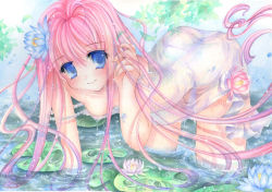 Rule 34 | 1girl, bent over, blue eyes, breasts, color ink (medium), colored eyelashes, downblouse, dress, eyelashes, flower, hair flower, hair ornament, lily pad, long hair, original, pink hair, see-through, shinonome86, small breasts, solo, strap slip, submerged, traditional media, wading, water, wet, wet clothes
