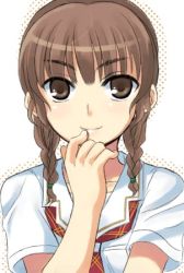 Rule 34 | 1girl, braid, hair over shoulder, kimi kiss, lowres, mizusawa mao, otoutogimi, simple background, solo, twin braids, twintails, white background