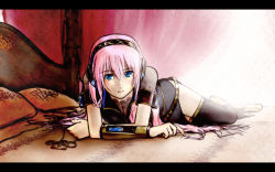 Rule 34 | 1girl, bed, blue eyes, breasts, cleavage, come hither, eg., female focus, headphones, highres, indoors, letterboxed, long hair, lying, megurine luka, on stomach, pillow, pink hair, skirt, smile, solo, thighhighs, vocaloid, wallpaper, zettai ryouiki