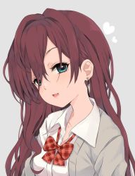 Rule 34 | 1girl, blue eyes, bow, bowtie, brown hair, cardigan, commentary request, earrings, heart, ichinose shiki, idolmaster, idolmaster cinderella girls, jewelry, kirarin369, long hair, looking at viewer, loose bowtie, off shoulder, open cardigan, open clothes, open mouth, plaid bow, plaid bowtie, plaid neckwear, shirt, simple background, smile, solo, upper body, wavy hair
