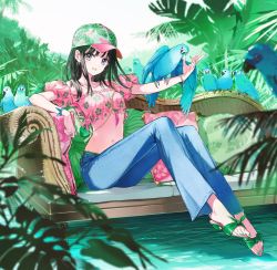 Rule 34 | 1girl, bird, black hair, blue pants, blurry, blurry foreground, couch, denim, earrings, floral print, fog, forest, green footwear, grey eyes, hat, jeans, jewelry, looking at viewer, medium hair, mole, mole under eye, nature, navel, off-shoulder shirt, off shoulder, on couch, open mouth, original, outstretched arm, pants, parrot, pink shirt, print shirt, shirt, sitting, smile, tiv, tree