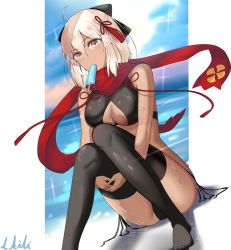 Rule 34 | 1girl, absurdres, ahoge, artist name, bare arms, bikini, black bikini, black bow, blonde hair, bow, breasts, character cutout, cleavage, cloud, commentary request, dark-skinned female, dark skin, day, fate/grand order, fate (series), feet, foot out of frame, hair between eyes, hair bow, hair ornament, highres, l.kili, large breasts, looking at viewer, no shoes, okita souji (fate), okita souji alter (fate), okita souji alter (first ascension) (fate), red scarf, scarf, short hair, signature, sitting, sky, solo, swimsuit, thighhighs, water, wet, yellow eyes