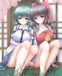 Rule 34 | 2girls, :o, akino irori, arm under breasts, ascot, black eyes, black hair, blue skirt, blurry, blurry foreground, breasts, cherry blossoms, collarbone, commentary request, convenient leg, day, detached sleeves, feet out of frame, frog hair ornament, grass, green eyes, green hair, hair between eyes, hair ornament, hair ribbon, hair tubes, hakurei reimu, heads together, highres, holding hands, kochiya sanae, large breasts, leaning on person, looking at viewer, multiple girls, nontraditional miko, outdoors, ponytail, red skirt, red vest, ribbon, shouji, side-by-side, skirt, sliding doors, smile, snake hair ornament, tareme, touhou, veranda, vest, white vest, yellow ascot, yuri