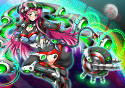 Rule 34 | 1girl, armor, ass, bandages, blush, breasts, chestnut mouth, cleavage, fingerless gloves, gloves, green eyes, keiryu, long hair, looking at viewer, lying, mecha musume, on side, original, pink hair, tail, very long hair, visor