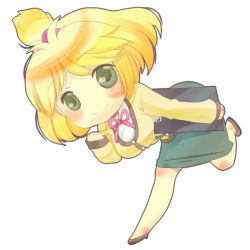 Rule 34 | 1girl, alternate costume, animal crossing, blonde hair, clipboard, flats, green eyes, isabelle (animal crossing), looking at viewer, nintendo, personification, simple background, skirt, smile, solo, topknot, white background, yucca (you)