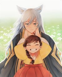 Rule 34 | animal ears, blue eyes, child, cloak, dress, flower, fox boy, fox ears, grin, guardian tales, hand up, japanese clothes, looking at another, manjin512, nine tailed fox garam, red dress, silver hair, simple background, smile, swept bangs