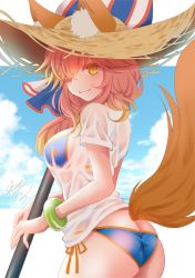 Rule 34 | 1girl, animal ears, artist name, ass, beach umbrella, bikini, bikini under clothes, blue sky, bracelet, brown hat, butt crack, closed mouth, cloud, cloudy sky, day, ears through headwear, fate/grand order, fate (series), fox ears, fox tail, from behind, gradient hair, hair over one eye, hat, highres, holding, jewelry, long hair, looking at viewer, looking back, multicolored hair, orange hair, outside border, pink hair, see-through, sheepd, shirt, short sleeves, side-tie bikini bottom, signature, sky, smile, solo, standing, straw hat, sun hat, swimsuit, t-shirt, tail, tamamo (fate), tamamo no mae (fate/extra), tamamo no mae (swimsuit lancer) (fate), tamamo no mae (swimsuit lancer) (second ascension) (fate), umbrella, wet, wet clothes, wet shirt, white shirt, yellow eyes